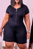 Black Fashion Casual Solid Zipper O Neck Plus Size Jumpsuits