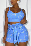 Light Blue Sexy Plaid Print Camisole Shorts Set
