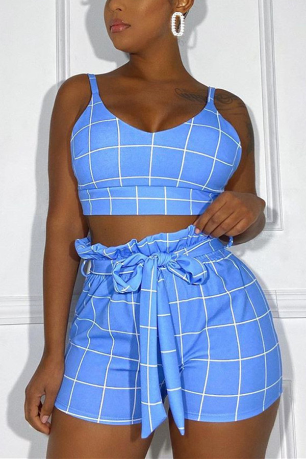 Light Blue Sexy Plaid Print Camisole Shorts Set