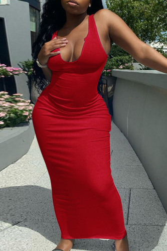 Red Casual Daily Solid Patchwork V Neck A Line Dresses