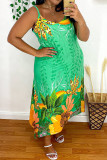 Green Fashion Casual Plus Size Print Backless Spaghetti Strap Sleeveless Dress