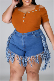 Rose Red Fashion Casual Solid Tassel Plus Size Jeans