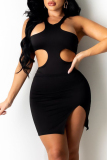 Black Fashion Sexy Solid Hollowed Out Slit O Neck Sleeveless Dress