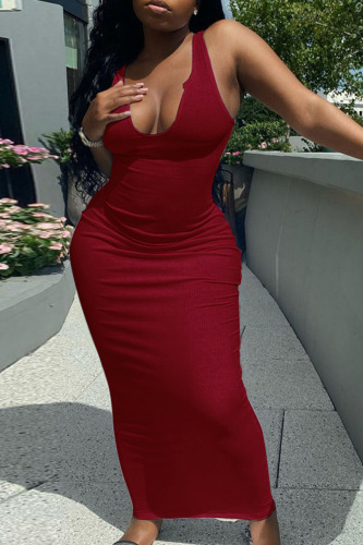 Purplish Red Casual Daily Solid Patchwork V Neck A Line Dresses