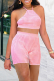 Pink Fashion Casual Solid Backless Halter Sleeveless Two Pieces
