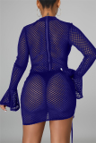 Royal Blue Sexy Solid Hollowed Out See-through Half A Turtleneck Long Sleeve Dresses