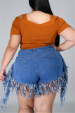 Light Blue Fashion Casual Solid Tassel Plus Size Jeans