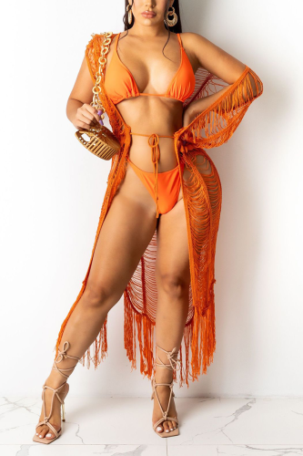 Tangerine Red Sexy Solid Hollowed Out Swimwears