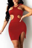 Red Fashion Sexy Solid Hollowed Out Slit O Neck Sleeveless Dress