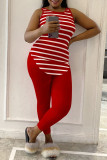 Rose Red Fashion Casual Striped Print Vest Trouser Set