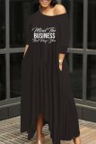 Black Fashion Casual Letter Print Oblique Collar Irregular Dress