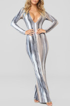 Grey Sexy Long Sleeves O neck Step Skirt Ankle-Length Striped Print Dresses