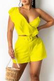 Yellow Casual Solid Patchwork Flounce V Neck Two Pieces