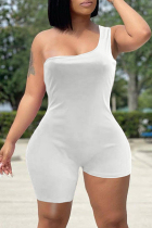 White Sexy Casual Solid Asymmetrical One Shoulder Skinny Romper