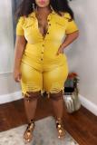 Yellow Fashion Casual Solid Ripped Turndown Collar Regular Romper