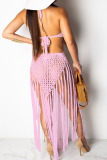 Light Purple Crochet Sleeveless Backless Halter Crossover Hollow Out Vacation Beach Tassel Bodycon Maxi Dress