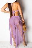 Light Purple Crochet Sleeveless Backless Halter Crossover Hollow Out Vacation Beach Tassel Bodycon Maxi Dress