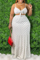 White Fashion Sexy Dot Print Backless Spaghetti Strap Plus Size Two Pieces