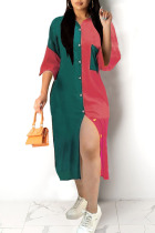 Green Casual Print Patchwork Turndown Collar Tops