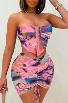 Pink Sexy Patchwork Tie-dye Strapless Sleeveless Two Pieces