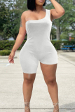 White Sexy Casual Solid Asymmetrical One Shoulder Skinny Romper