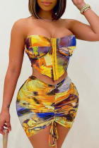 Yellow Sexy Patchwork Tie-dye Strapless Sleeveless Two Pieces