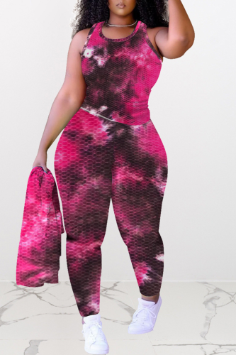 Rose Red Sexy Patchwork Patchwork O Neck Sleeveless Two Pieces