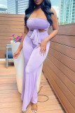 Blue Sexy Casual Solid Hollowed Out Backless Strapless Regular Jumpsuits