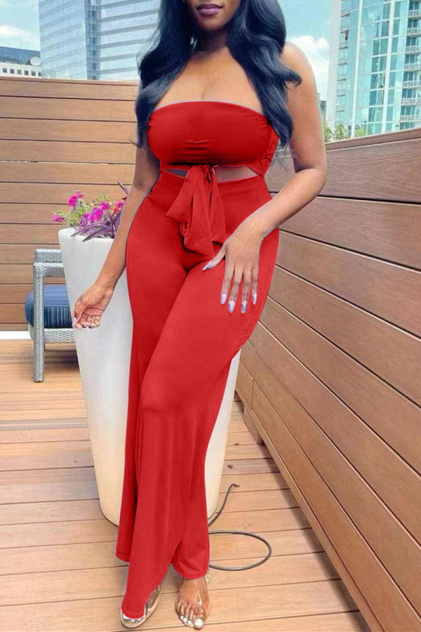 Red Sexy Casual Solid Hollowed Out Backless Strapless Regular Jumpsuits