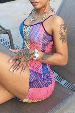 Multicolor Fashion Sexy Print Hollowed Out See-through Swimwears Beach Dress