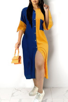 Deep Blue Casual Print Patchwork Turndown Collar Tops