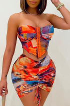 Tangerine Red Sexy Patchwork Tie-dye Strapless Sleeveless Two Pieces