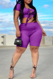 Purple Fashion Casual Solid Bandage Hollowed Out O Neck Plus Size Two Pieces