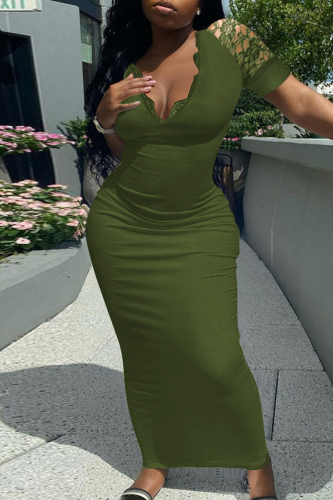 Army Green Fashion Solid Patchwork V Neck Short Sleeve Dress