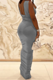 Khaki Fashion Sexy Solid Backless Fold U Neck Sleeveless Dress