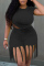 Black Sexy Solid Tassel O Neck Short Sleeve Two Pieces