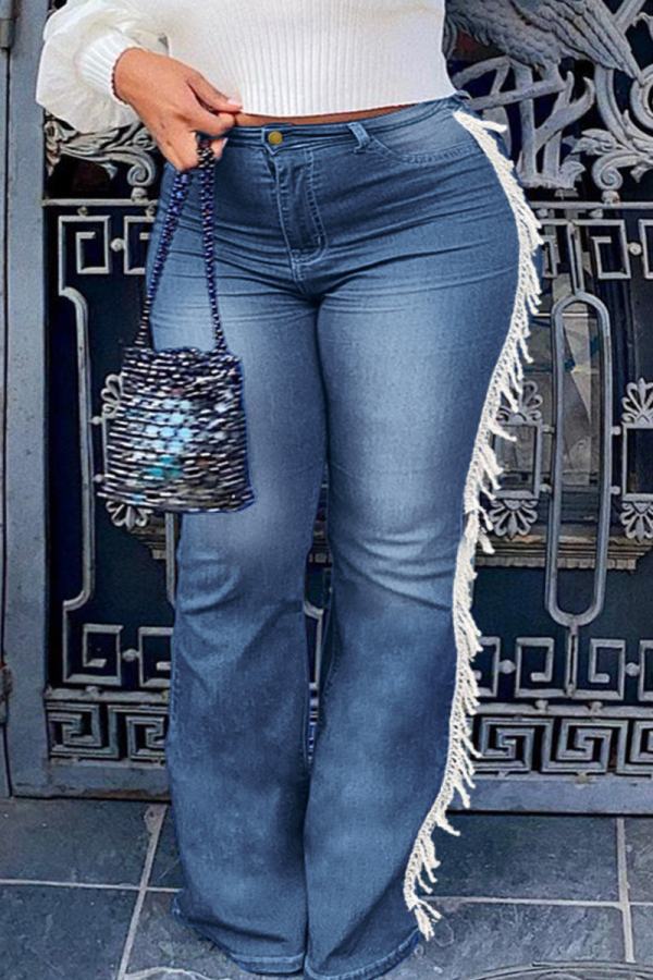 Blue Fashion Casual Solid Tassel Split Joint Plus Size Jeans