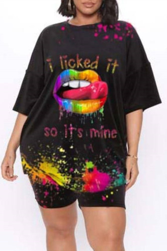 Black Fashion Casual Print Basic O Neck Plus Size Two Pieces