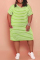 Light Green Fashion Casual Plus Size Striped Print Basic V Neck Short Sleeve Dress