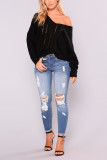 Dark Blue Fashion Casual Cropped Ripped Jeans