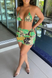 Green Fashion Sexy Print Backless Halter Sleeveless Two Pieces Swimwear