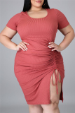 Watermelon Red Sexy Casual Plus Size Solid Slit O Neck Short Sleeve Dress