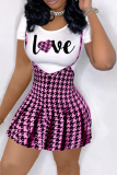 Black White Casual Plaid Patchwork O Neck Short Sleeve Two Pieces