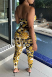 Yellow Fashion Sexy Print Backless Strapless Sleeveless Two Pieces