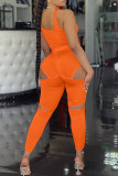 Orange Fashion Sexy Solid Hollowed Out Backless U Neck Sleeveless Two Pieces