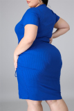 Blue Sexy Casual Plus Size Solid Slit O Neck Short Sleeve Dress