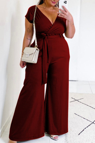 Burgundy Casual Solid Bandage Patchwork V Neck Plus Size Jumpsuits