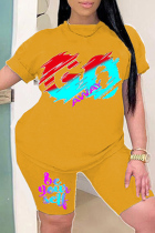 Yellow Fashion Casual adult Ma'am O Neck Print Two Piece Suits Pattern Plus Size