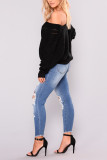 Dark Blue Fashion Casual Cropped Ripped Jeans