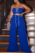 Blue Fashion Solid Bandage Backless Slit Strapless Sleeveless Two Pieces